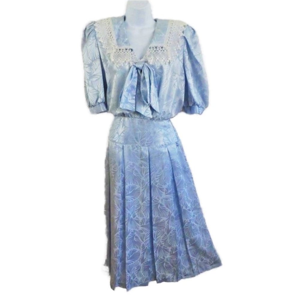 Vintage 80s Church Dress Powder Blue Embossed Satin Bow Puff Sleeve Drop Waist